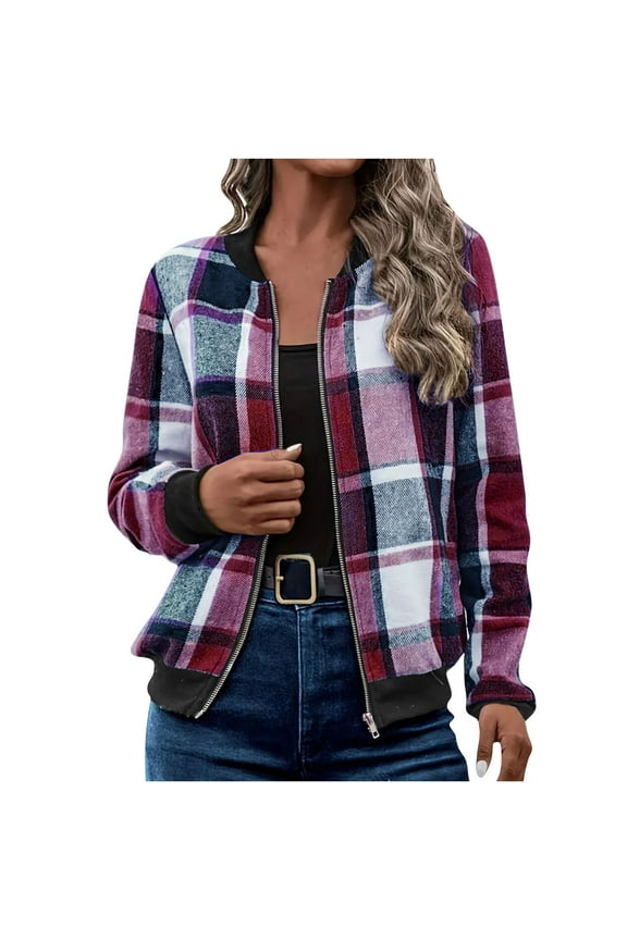 Fall Shackets for Women 2025 Lightweight Jackets Plaid Flannel Shirt Jacket Stand Collar Long Sleeve Zip Up Jackets Purple,XXL