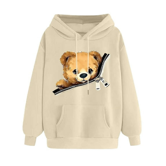 yardsong Fall Sweatshirt Women Hooded Pullover Long Sleeve Tops Casual Cute Bear Graphic Hoodie Pullover Lightweight Tunic Hoodies Beige,XXL
