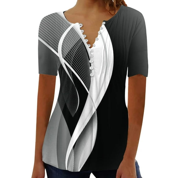 yardsong Fitted Henley Shirts for Women Summer Tops Dressy Casual Short Sleeve Button V Neck T Shirts Trendy Boho Floral Tunic Blouses Flowy Tees 2025 Gray,XXXXXL