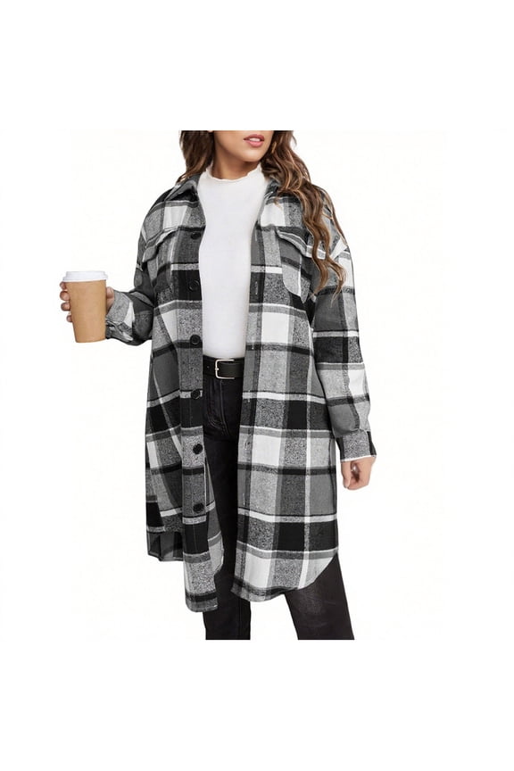 Flannel Fall Shackets for Women 2025 - Oversized Long Plaid Casual Button Down Shirt Jackets Tartan Woolen Coats Black,XL