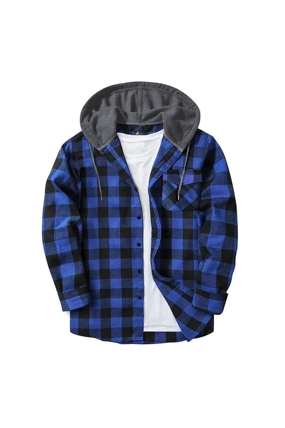 Mens Plaid Hoodie Flannel Shirt Jacket - Trendy Casual Button Down Long Sleeve Fall Jackets with Pockets Blue,L