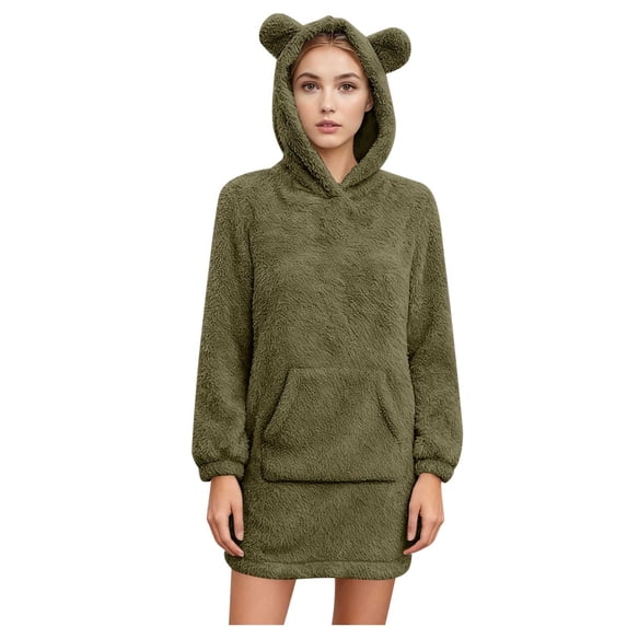 yardsong Flannel Pajamas for Women Women's Fleece Hooded Nightgown Long Sleeve Flannel Night Dress Fuzzy Sleepwear Pajama with Pockets Army Green,XL
