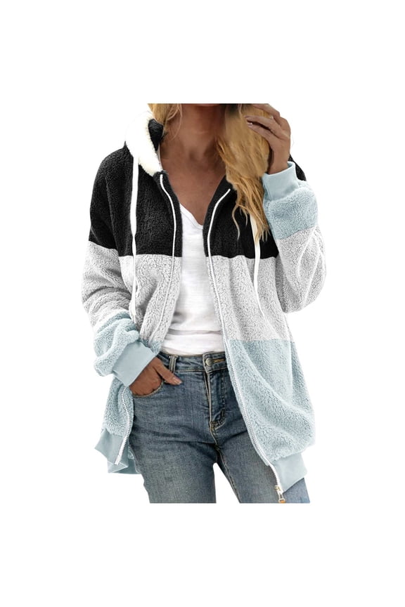 Fleece Jackets Women Color Block Faux Shearling Coat Warm Hooded Zip Up Fuzzy Winter Sherpa Jacket with Pockets Light Blue,XXL