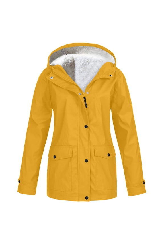Fleece Lined Rain Jacket Women Waterproof Raincoat Thermal Zip Up Hooded Jacket Winter Rain Jackets Outdoor Windbreaker Yellow,S