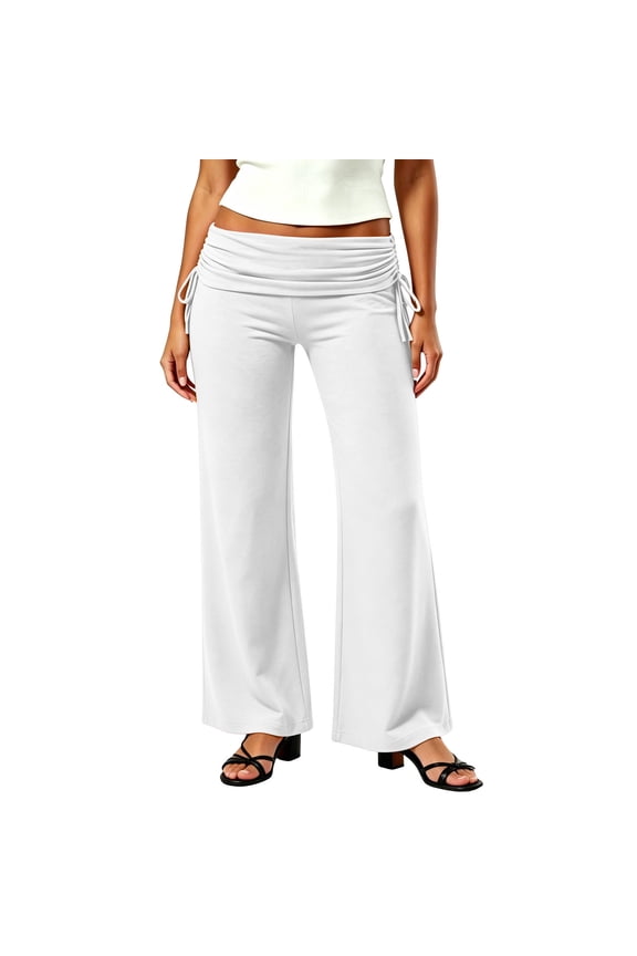 Fold Over Pants for Women Low Waist Ruched Wide Leg Sweatpants Lounge Yoga Flare Leggings Bell Bottoms Y2K Gaucho Pants White,XXXL