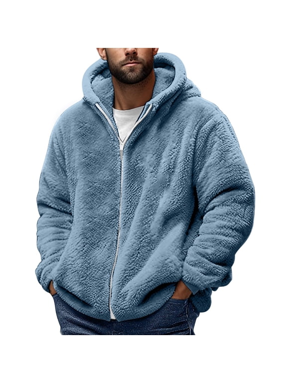 Full-Zip Hooded Warm Winter Coat - Men's Fuzzy Sherpa Fleece Long Sleeve Casual Fluffy Jackets Blue,M