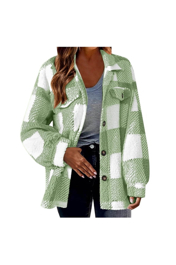 Fuzzy Fleece Jacket Women Fall Winter Warm Sherpa Shearling Plaid Shacket Button Down Long Sleeve Lapel Shirt Jackets 2025 Mint Green,XXL