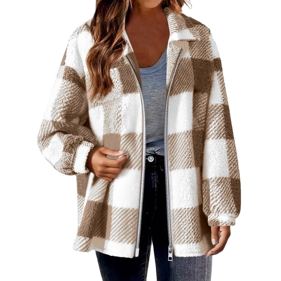 yardsong Fuzzy Fleece Jacket for Women Zip Up Hooded Drawstring Fall Winter Warm Fluffy Plush Warm Cardigan Shacket Outwear with Pockets Brown,XXL