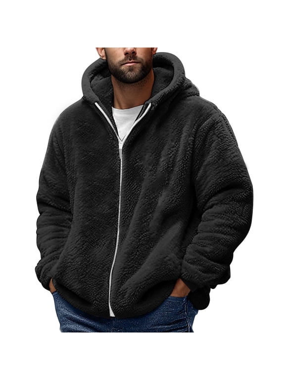 Fuzzy Sherpa Fleece Jacket for Men Full-Zip Long Sleeve Hooded Fluffy Casual Warm Winter Coats Black,XXL