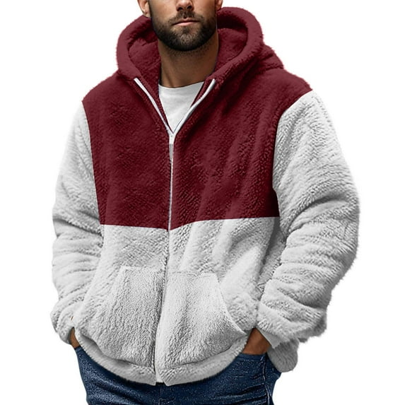 yardsong Fuzzy Sherpa Fleece Sweatshirt for Men - 2025 Warm Zipper Hoodie Oversized Fluffy Coat Hoodie Pockets Wine,XL