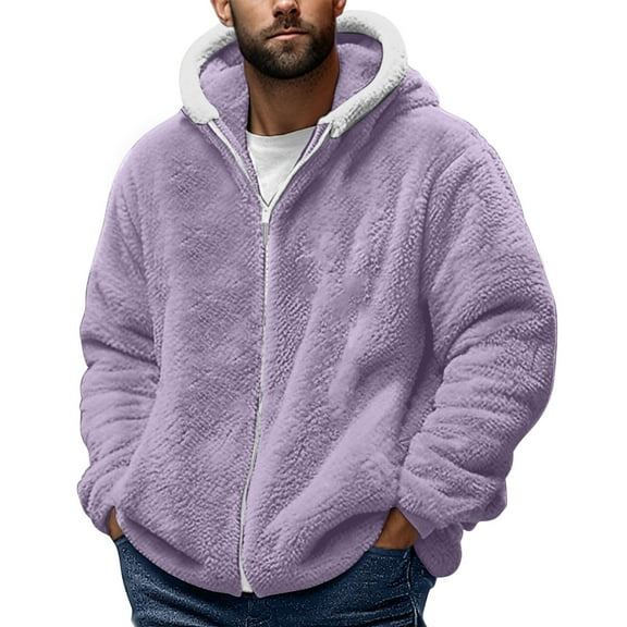yardsong Fuzzy Zip Up Hoodie Warm Winter Coat - Men's Sherpa Lined Fleece Jacket Plush Furry Fluffy Soft Outerwear for Cold Weather Purple,XL