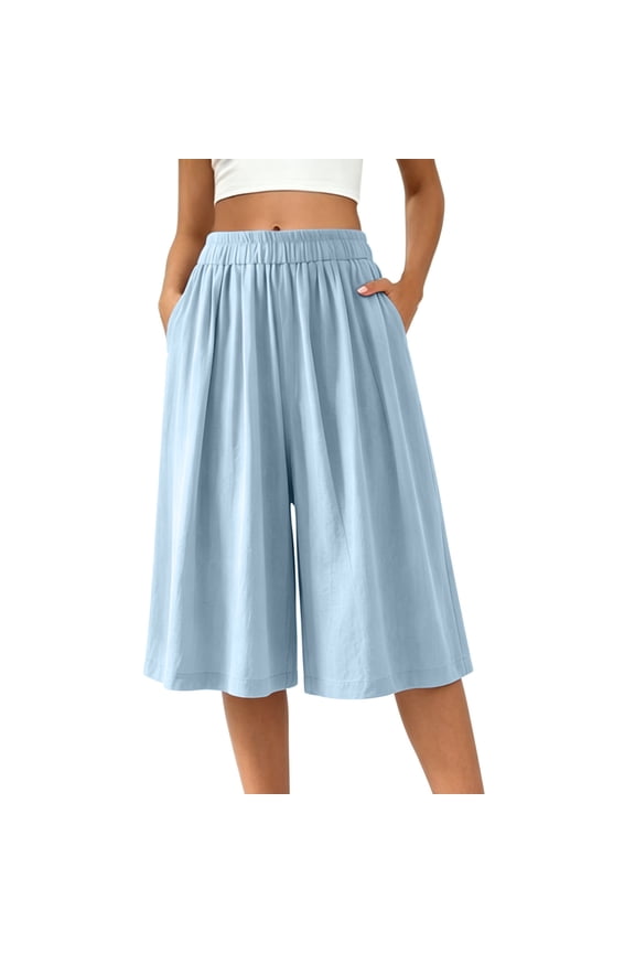 Gaucho Pants for Women Capri Flowy High Waist Wide Leg Dance Capris Pant Plus Size Summer Casual Loose Crop Palazzo Trousers Light Blue,XXXXL