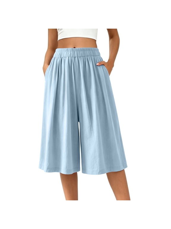 Gaucho Pants for Women Capri Flowy High Waist Wide Leg Dance Capris Pant Plus Size Summer Casual Loose Crop Palazzo Trousers Light Blue,XXXXL