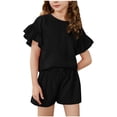 thumbnail image 1 of yardsong Girls 2 Piece Outfit Ruffle Sleeve Crew Neck Tee Shirts Shorts Sets Basic Summer Cute Tracksuits for Kid Toddler Girl Black,8-9Years, 1 of 9