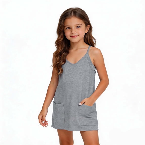 yardsong Girls Dress with Shorts Casual Summer Spaghetti Straps One Piece Romper Tennis Golf Backless Dresses with Pockets for Kid Gray,5 Years