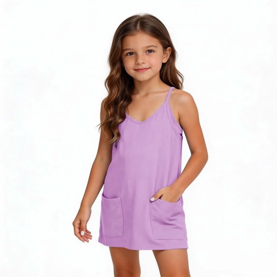 yardsong Girls Dress with Shorts Casual Summer Spaghetti Straps One Piece Romper Tennis Golf Backless Dresses with Pockets for Kid Purple,13 Years