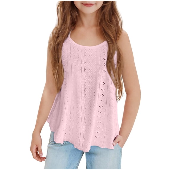 yardsong Girls Eyelet Tank Tops Flowy Cute Summer Spaghetti Strap Tops Kids Camisole Embroidery Sleeveless Shirts Vacation Blouse Pink,5 Years