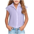 thumbnail image 1 of yardsong Girls Linen Button Down Shirt Cap Sleeve Tops Kids Breathable Gauze Summer Vacation Blouse Collared Linen Shirts for Girls Purple,3-4 Years, 1 of 7