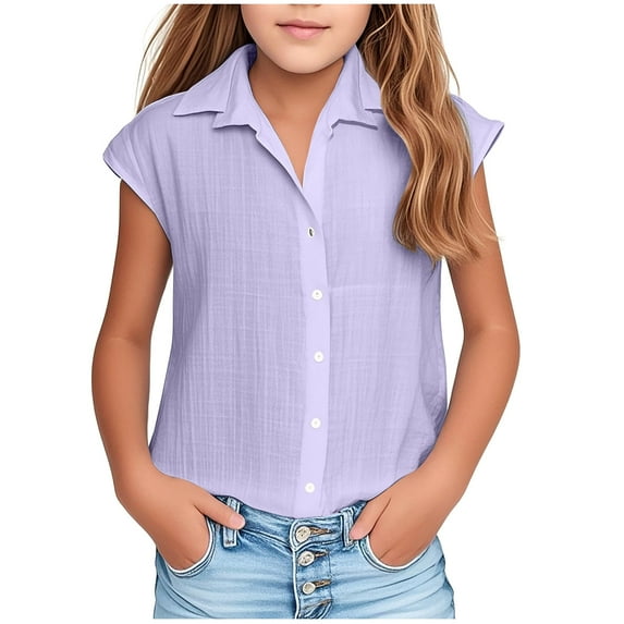 yardsong Girls Linen Button Down Shirt Cap Sleeve Tops Kids Breathable Gauze Summer Vacation Blouse Collared Linen Shirts for Girls Purple,3-4 Years