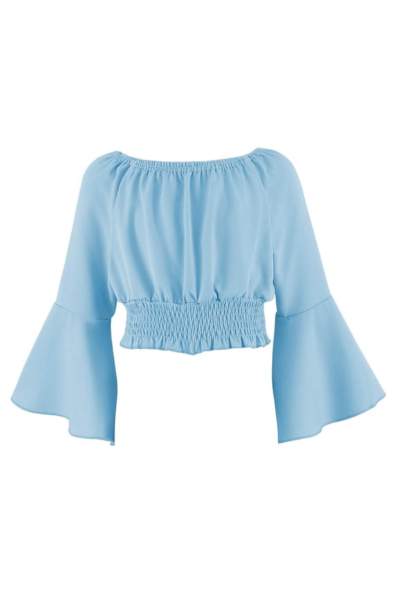 Girls Off The Shoulder Long Sleeve Tops Renaissance Pirate Shirt Gothic Peasant Tunic Blouse Summer Smocked Crop Tees Light Blue,14 Years