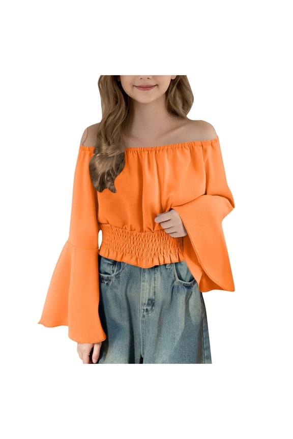 Girls Off The Shoulder Tops Trumpet Batwing Sleeve Renaissance Tunics Elegant Stage Dance Pirate Boho Peasant Blouse Shirts Orange,7-8 Years