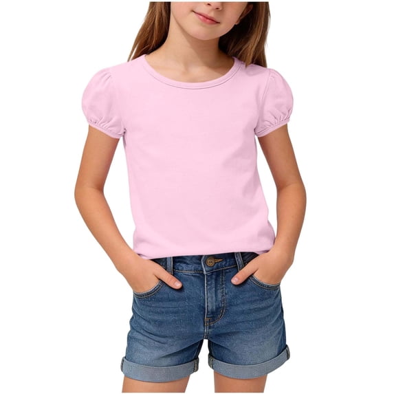 yardsong Girls Puff Sleeve T Shirt Summer Tunic Tops Crew Neck Toddler Girl Shirts Soft Cotton Basic Solid Short Sleeve Tee Top Pink,11-12 Years