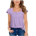 thumbnail image 1 of yardsong Girls Shirts Lace Trim Ruffle Short Sleeve Square Neck Summer Pleated Tops Blouse Tunic Cute Kids Loose Casual Tee Shirts Purple,9 Years, 1 of 9