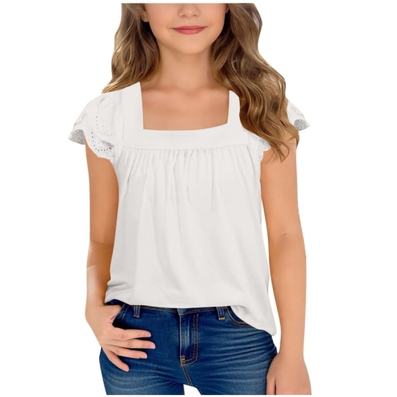 yardsong Girls Shirts Lace Trim Ruffle Short Sleeve Square Neck Summer Pleated Tops Blouse Tunic Cute Kids Loose Casual Tee Shirts White,9 Years