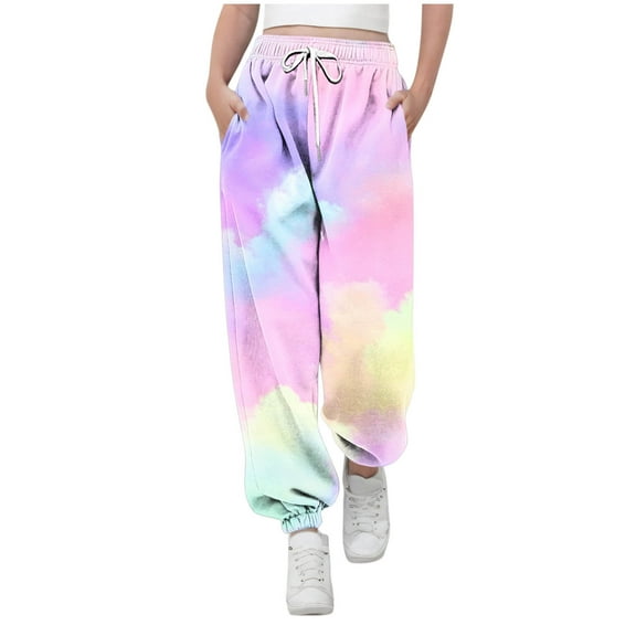 yardsong Girls Tie Dye Sweatpants Cinch Bottom Joggers Baggy Athletic Pants High Waisted Sports Workout Sweat Pant Trousers with Pocket Multicolor,13 Years