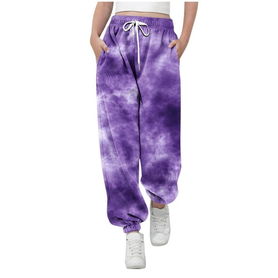 yardsong Girls Tie Dye Sweatpants Cinch Bottom Joggers Baggy Athletic Pants High Waisted Sports Workout Sweat Pant Trousers with Pocket Purple,11 Years