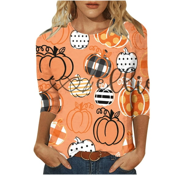 yardsong Halloween Costumes Woman 2025 Crewneck 3/4 Sleeve Halloween Graphic T Shirts Dressy Casual Tops Summer Fall Fahion Orange,L