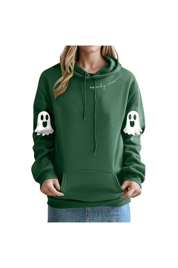 Halloween Hooded Sweatshirts for Women Cute Ghost Graphic Hoodies Casual Loose Long Sleeve Pullovers with Pockets Army Green,S