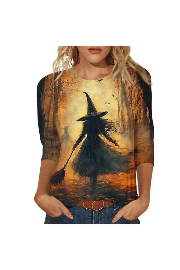 Halloween Shirts for Women 3/4 Sleeve Witch Graphic Tees Vintage Festival Tops Crew Neck Elbow Length Funny Halloween Gifts Brown,XXXL