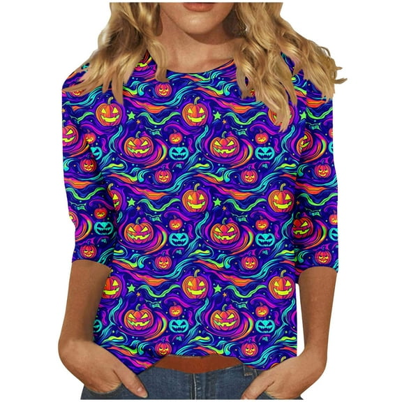 yardsong Halloween Shirts for Women Plus Size 3/4 Length Sleeve Women Tops Funny Witch Moon Graphic Tshirts Fall Blouses 2025 Multicolor,XXL