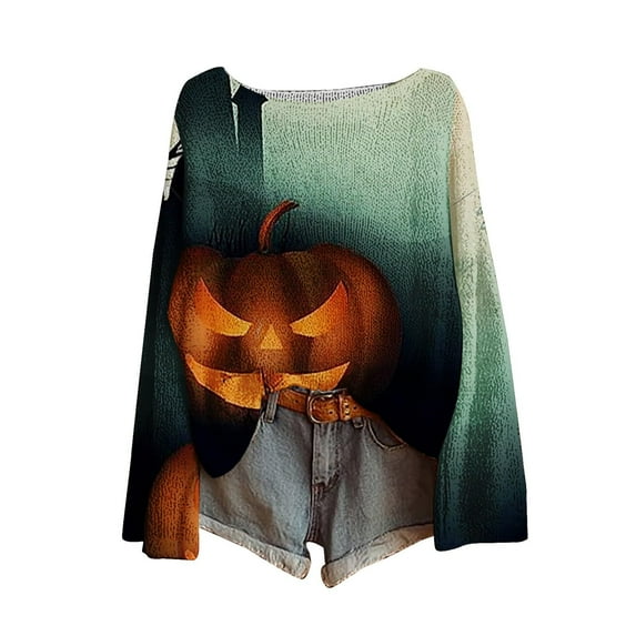 yardsong Halloween Sweaters for Women Boho Vintage Spooky Season Ghost Sweatshirt Graphic Print Long Sleeve Knit Pullover Tops 2025 Blue,M