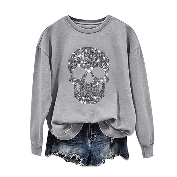 yardsong Halloween Sweatshirt for Women Long Sleeve Cute Graphic Glitter Tees Crewneck Pullover Tops Skeleton Sequin Shirts Gray,XL