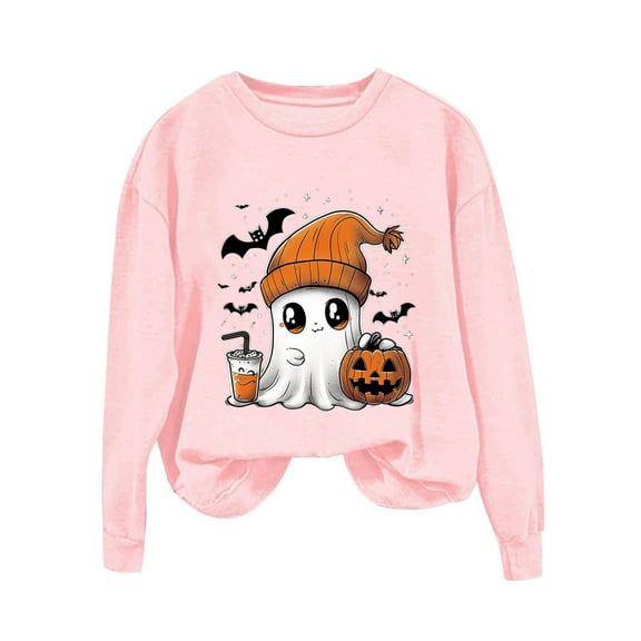 yardsong Halloween Sweatshirts for Women Pumpkin Ghost Sweater Cute Spooky Season Sweatshirt Funny Graphic Crewneck Pullover Tops Pink,XL