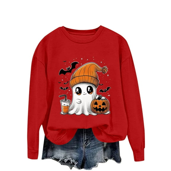 yardsong Halloween Sweatshirts for Women Pumpkin Ghost Sweater Cute Spooky Season Sweatshirt Funny Graphic Crewneck Pullover Tops Red,XXL