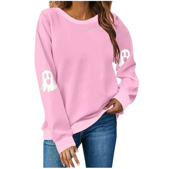 yardsong Halloween Sweatshirts for Women Spooky Season Funny Long Sleeve Graphic Crewneck Pullover Tops Cute Ghost Sweater Pink,XL
