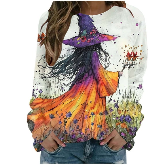 yardsong Halloween Sweatshirts for Women Witch Moon Crewneck T Shirts Fall Cute Pumpkin Black Cat Graphic Fleece Pullover Tops Purple,XL
