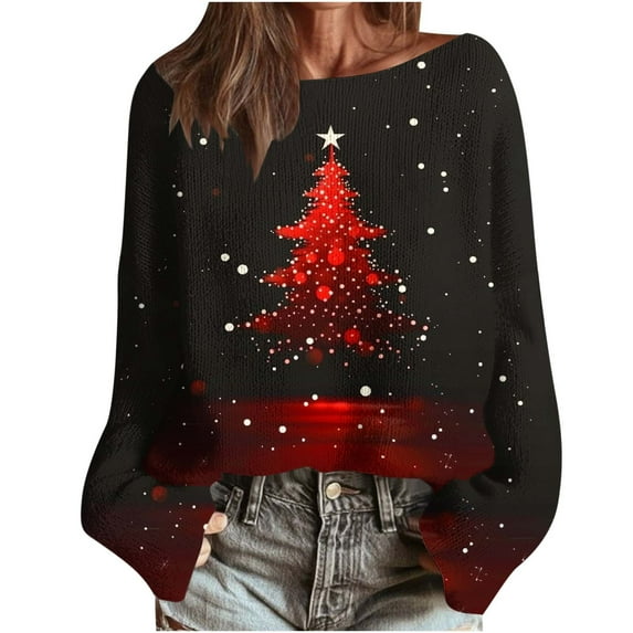 yardsong Holiday Long Sleeve Sweater for Women - Imitation Knitted Shirts Boat Neck Xmas Tree Graphic Christmas Pullover Tops Black,S