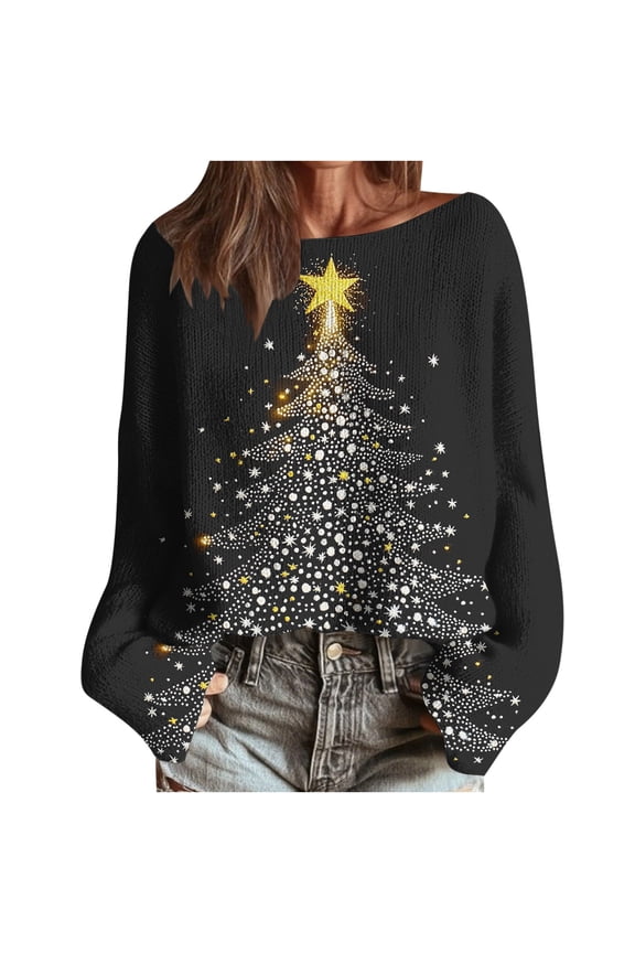 Holiday Top Imitation Ugly Pullover for Women - Boat Neck Christmas Sweater Long Sleeve Xmas Trees Graphic Multicolor,S