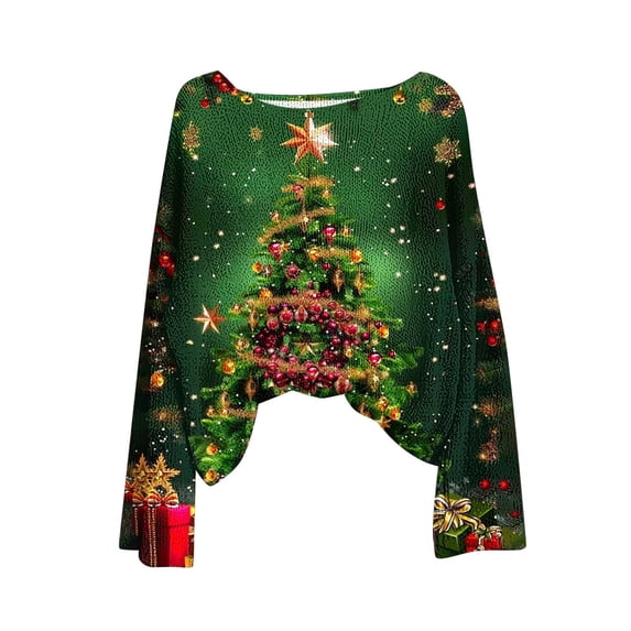 yardsong Holiday Top Xmas Pullover for Women - Boat Neck Imitation Ugly Christmas Sweater Long Sleeve Xmas Trees Graphic Army Green,XL