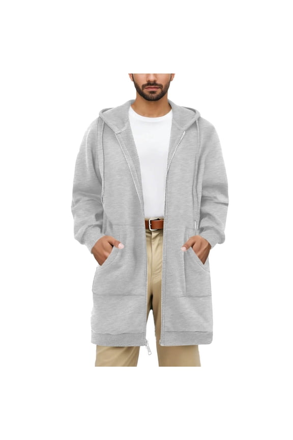 Hoodies for Men Long Fleece Lined Hoodie Zip Up Hooded Sweatshirt with Pockets Mid Length Winter Jacket Casual Warm Sweatshirts Gray,S