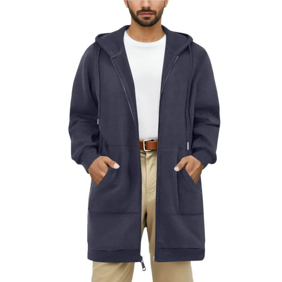 yardsong Hoodies for Men Long Fleece Lined Hoodie Zip Up Hooded Sweatshirt with Pockets Mid Length Winter Jacket Casual Warm Sweatshirts Navy,M