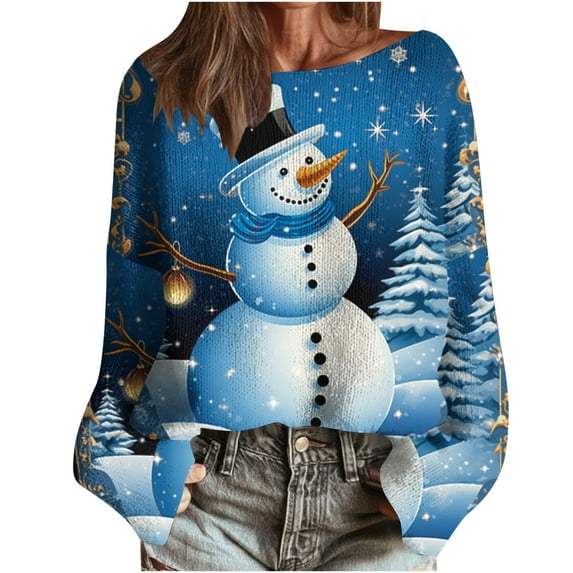 yardsong Imitation Knit Boat Neck for Women - Christmas Holiday Xmas Long Sleeve Snowflakes Snowman Print Pullover Sweater Top Multicolor,XL