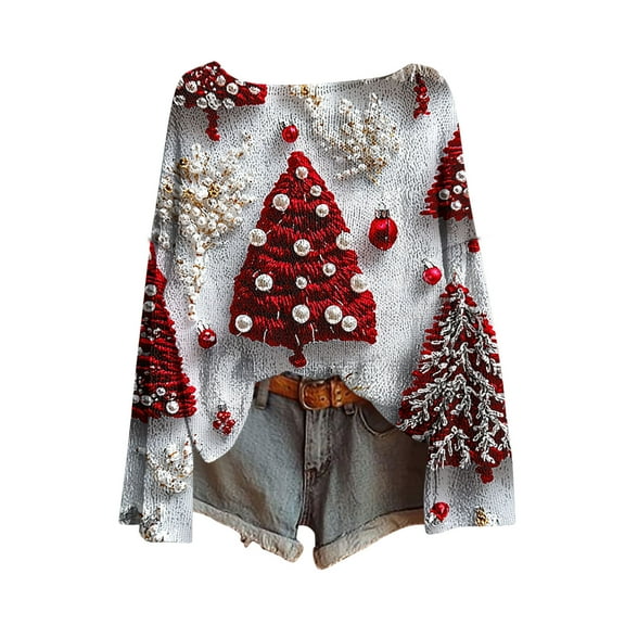 yardsong Imitation Knitted Shirts Sweater for Women - Christmas Boat Neck Long Sleeve Xmas Tree Graphic Holiday Pullover Tops Red,M
