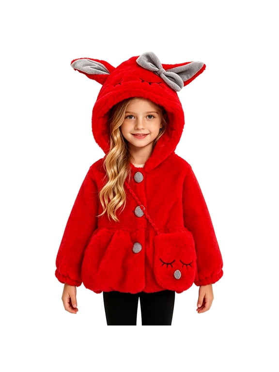 Infant Baby Girls Winter Coat Faux Fur Fleece Jacket Bunny Ear Hooded Coat with Bag Thick Button up Bubble Jacket 1-2Years