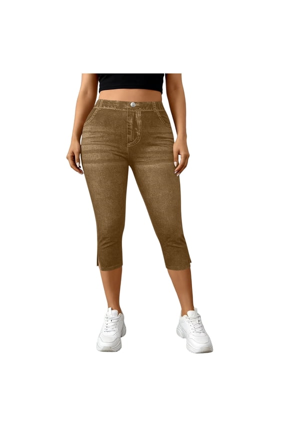 Jeggings for Women Pull On Capri Jeans Stretchy Jean Print High Waist Side Split Fake Denim Capri Leggings Pants with Pocket Khaki,S