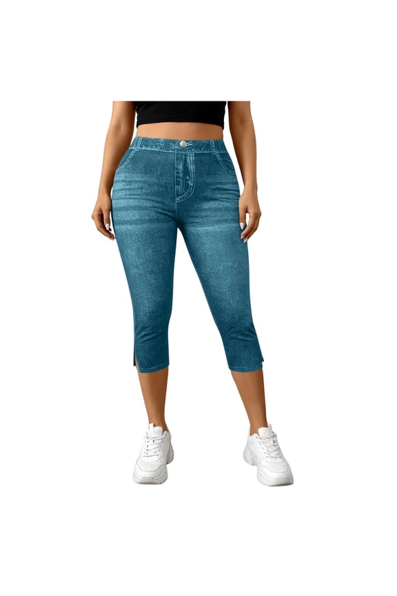 Jeggings for Women Pull On Capri Jeans Stretchy Jean Print High Waist Side Split Fake Denim Capri Leggings Pants with Pocket Mint Green,S